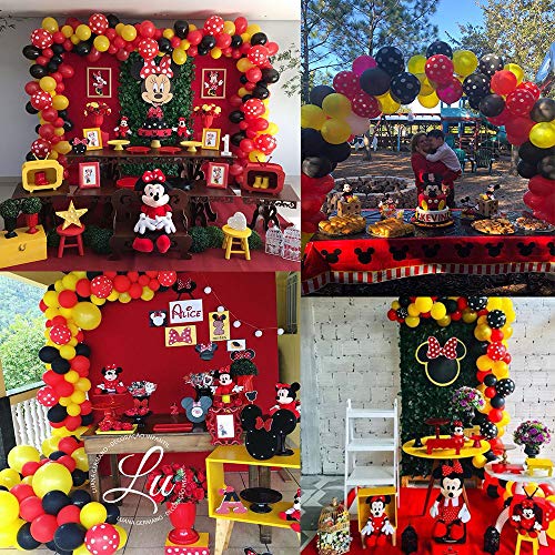 APERIL Globos de Cumpleaños Niña Decoracion Cumpleaños Fiesta Tema Rojo Negros, Feliz Cumpleaños Pancarta Papel Pompom Globos de Lunares Decoracion Tarta Cumpleaños para Primer Cumpleaños