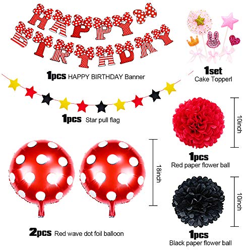 APERIL Globos de Cumpleaños Niña Decoracion Cumpleaños Fiesta Tema Rojo Negros, Feliz Cumpleaños Pancarta Papel Pompom Globos de Lunares Decoracion Tarta Cumpleaños para Primer Cumpleaños