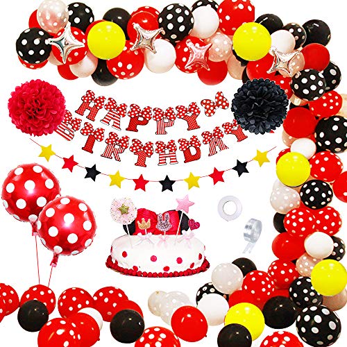 APERIL Globos de Cumpleaños Niña Decoracion Cumpleaños Fiesta Tema Rojo Negros, Feliz Cumpleaños Pancarta Papel Pompom Globos de Lunares Decoracion Tarta Cumpleaños para Primer Cumpleaños