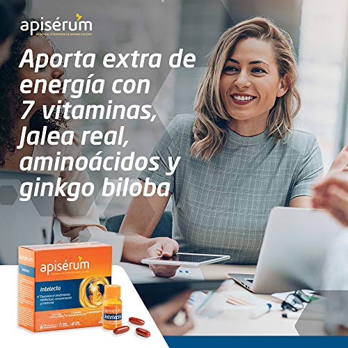 Apisérum Intelecto Cápsulas - Favorece el rendimiento intelectual, concentración y memoria, Multivitamínico con Jalea Real, Vitamina B, Aminoacidos y Ginkgo Biloba, Tratamiento para 1 mes