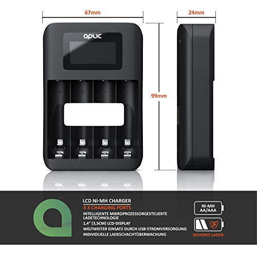 Aplic - Cargador de batería Universal USB - Cargador de batería Recargable Tipo AAMignon o AAA Micro NiMH - Cargador controlado por microprocesador - Gabinetes de Carga 4X - Pantalla LCD - Negro