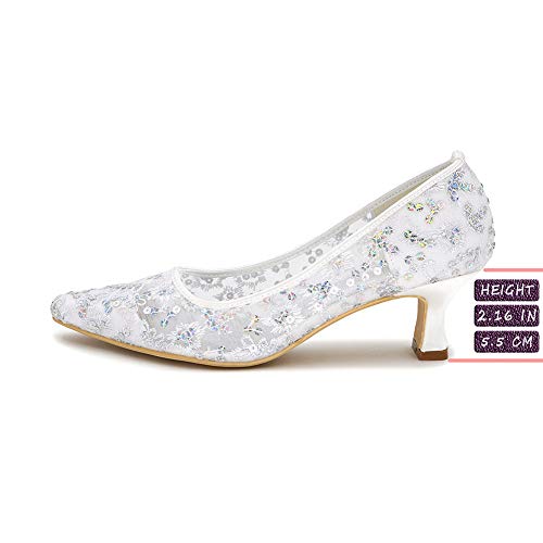 AQTEC Damas Zapatos De Novia Encaje De Malla De Tacón Bajo De Chips Flash Zapatos De Boda En Punta De La Moda De Tela Zapatos De Tacón Zapatos De Tacón,Oro,38 EU