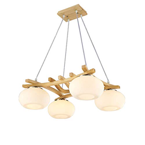 Araña de cristal moderna 4 luces, LED E27 Luz colgante para cocina Pasillo Decoración de madera maciza Colgante Amarillo claro 58 * 48cm