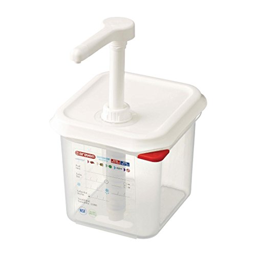 Araven Dispensador de Salsa Gn 1/6 Transparente 2.6Ltr Lavavajillas Bomba de Empuje Seguro