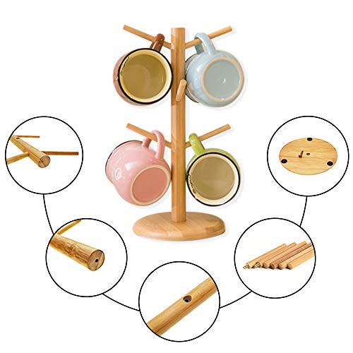 Árbol de bambú para tazas, soporte para tazas, soporte para tazas de café con 6 ganchos, soporte para tazas de café para mostrador, estante para tazas de café, árbol organizador de joyas