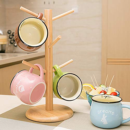 Árbol de bambú para tazas, soporte para tazas, soporte para tazas de café con 6 ganchos, soporte para tazas de café para mostrador, estante para tazas de café, árbol organizador de joyas