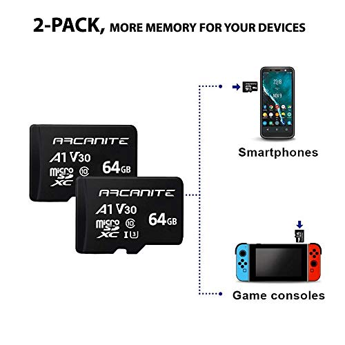 ARCANITE - Paquete de 2 tarjetas de memoria microSDXC de 64 GB, UHS-I U3, A1, V30, 4K, Clase 10, MicroSD - AK2PV30A164