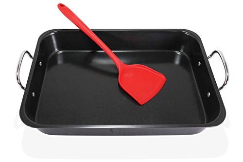 Archmun Bandeja de Horno Profesional Antiadherente de 39 cm de Largo para Lasaña | Molde Profundo para Hornear con Asas de Acero Inoxidable | Incluye Espátula de Silicona en el Paquete