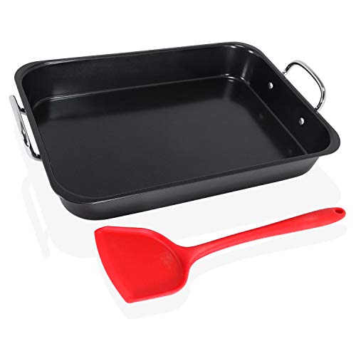 Archmun Bandeja de Horno Profesional Antiadherente de 39 cm de Largo para Lasaña | Molde Profundo para Hornear con Asas de Acero Inoxidable | Incluye Espátula de Silicona en el Paquete