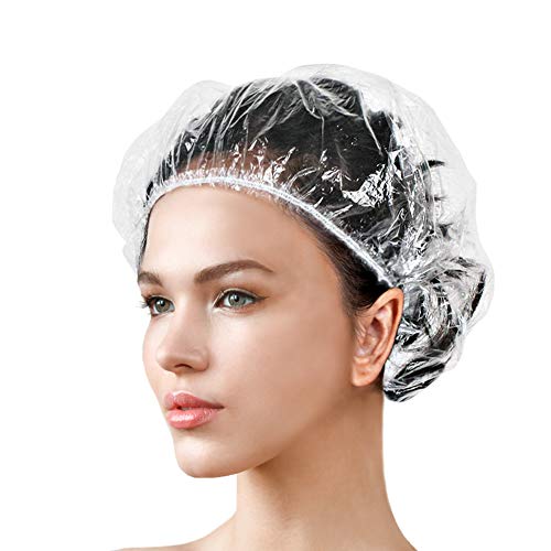 Ardermu Gorros de Ducha Desechables - Gorro de Ducha Para Amenidades Del Hotel - Gorro de Baño Elástico Transparente de Plástico Para el Hogar, Hotel, Spa, Peluquería y Viajes - Unisex (100PCS)