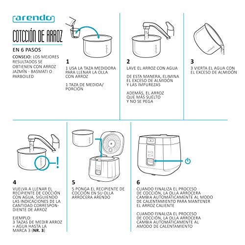 arendo - Arrocera vaporera - Función de cocción al Vapor - Capacidad de 1,4 L - con Olla Interior Antiadherente extraíble Tapa Vaso medidor Espumadera Accesorio para cocer al Vapor - 540 W