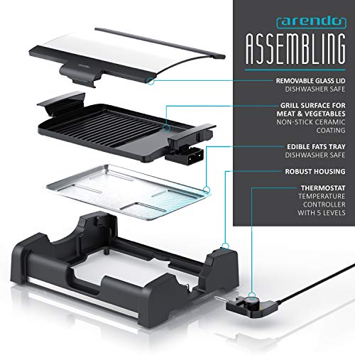 arendo - Barbacoa de Mesa Barbacoa eléctrica Gourmet- 1650 W - Cubierta de Cristal - para Balcones Jardines Interiores - Revestimiento Antiadherente - Regulación de Temperatura con 5 Niveles