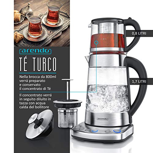 Arendo - Hervidor de agua de vidrio con ajuste de temperatura y colador para infusiones y té turco - 1,7 Litros - 2400 W - Acero inoxidable - Vidrio borosilicato - Libre de BPA - Apagado automático