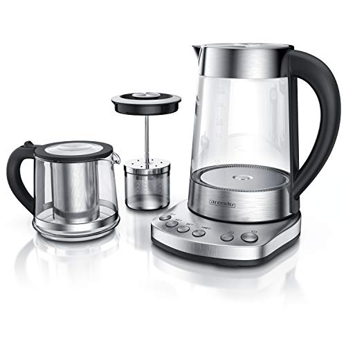 Arendo - Hervidor de agua de vidrio con ajuste de temperatura y colador para infusiones y té turco - 1,7 Litros - 2400 W - Acero inoxidable - Vidrio borosilicato - Libre de BPA - Apagado automático