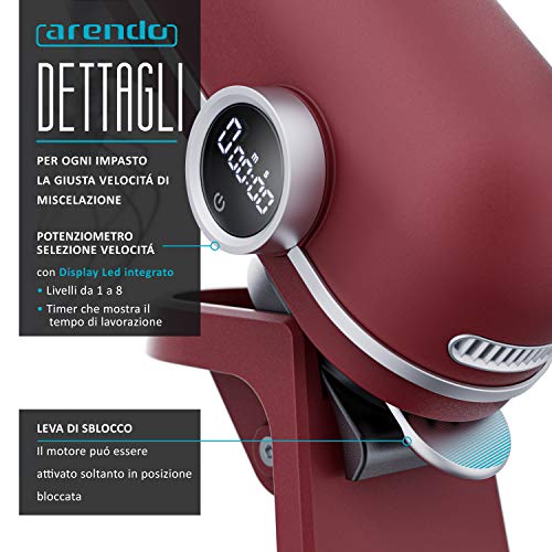 Arendo - Robot pastelero profesional Leader de 5 litros - Batidora de pie, amasadora - 800 W - Sistema de mezcla - 3 batidores - 8 velocidades - Cuenco de acero inoxidable - Pantalla LED - Rojo rubí