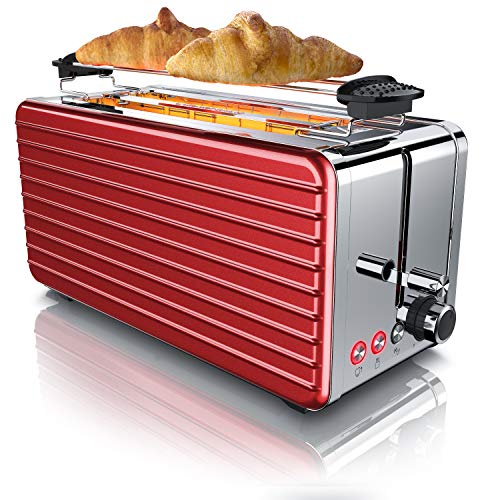 arendo Tostadora automática Ranura Larga para 4 rebanadas - Función de descongelado - Carcasa Termoaislante - Accesorio para panecillos- 1500W - Bandeja para Migas extraíble - Acero Inoxidable