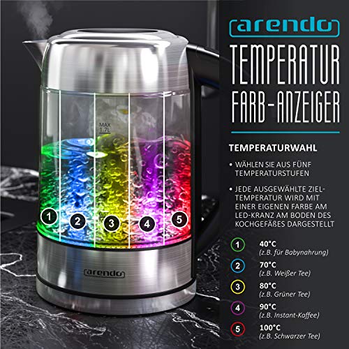 Arendo Wasserkocher mit Temperatureinstellung Hervidor de agua con ajuste de temperatura, vidrio, Cristal/acero inoxidable plateado