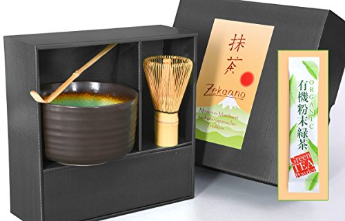 Aricola Juego de té Matcha de 3 Piezas, Color Antracita/Turquesa, Compuesto por Cuenco de té Matcha, Cuchara y Escoba de té Matcha (bambú) en Caja de Regalo. Producto Original