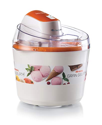 Ariete 642 Heladera eléctrica gran gelato, 1.5 litros, tapa transparente, cubeta con doble aislamiento, botón encendido/apagado, blanco naranja