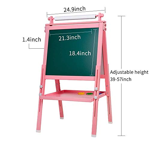 Arkmiido 3 en 1 Caballete de Madera para niños Tablero de Dibujo magnético de Doble Cara Pizarra con Eje de Dibujo y Rollo de Papel, Magnéticos de bonificación, Números, Copas de Pintura (Rosado)