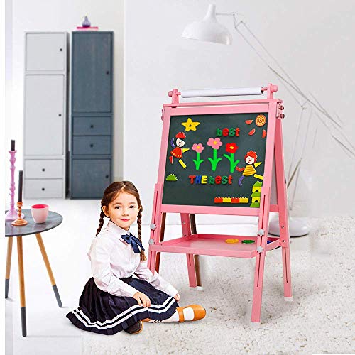 Arkmiido 3 en 1 Caballete de Madera para niños Tablero de Dibujo magnético de Doble Cara Pizarra con Eje de Dibujo y Rollo de Papel, Magnéticos de bonificación, Números, Copas de Pintura (Rosado)