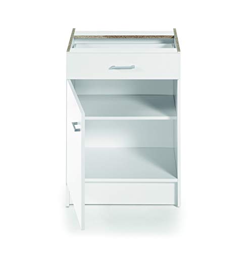 Armario bajo de cocina, blanco, de 60cm, con 1 puerta y 1 cajón