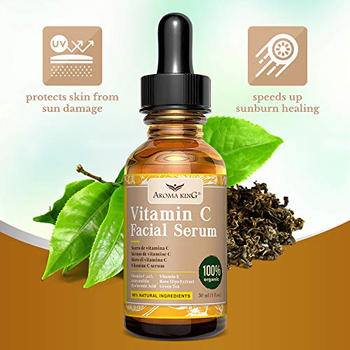 Aroma King, suero de vitamina C para rostro con ácido hialurónico y vitamina E, antienvejecimiento, antiarrugas, aclara y aclara manchas oscuras y cicatrices de acné, 1 fl oz