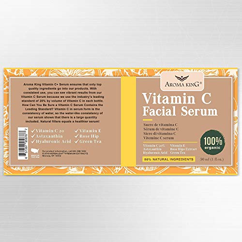 Aroma King, suero de vitamina C para rostro con ácido hialurónico y vitamina E, antienvejecimiento, antiarrugas, aclara y aclara manchas oscuras y cicatrices de acné, 1 fl oz