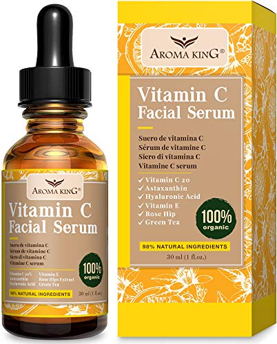 Aroma King, suero de vitamina C para rostro con ácido hialurónico y vitamina E, antienvejecimiento, antiarrugas, aclara y aclara manchas oscuras y cicatrices de acné, 1 fl oz