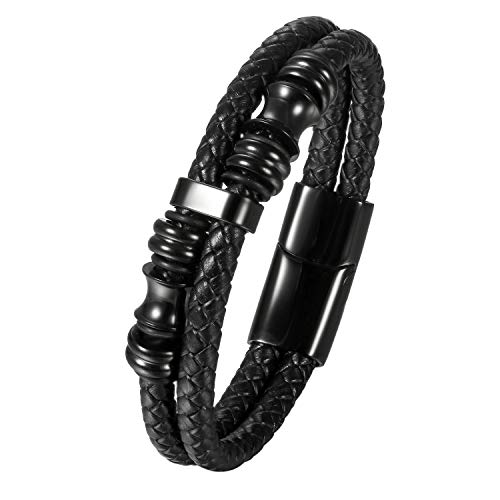 Aroncent Pulsera de Cuero Acero Inoxidable Quirúrgico Brazalete con Cierre Magnético Punk Rock Biker Multicapa Joyería de Moda Chulo para Hombre, 7.5"-8.5", Negro