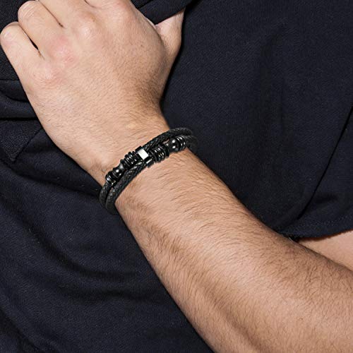 Aroncent Pulsera de Cuero Acero Inoxidable Quirúrgico Brazalete con Cierre Magnético Punk Rock Biker Multicapa Joyería de Moda Chulo para Hombre, 7.5"-8.5", Negro