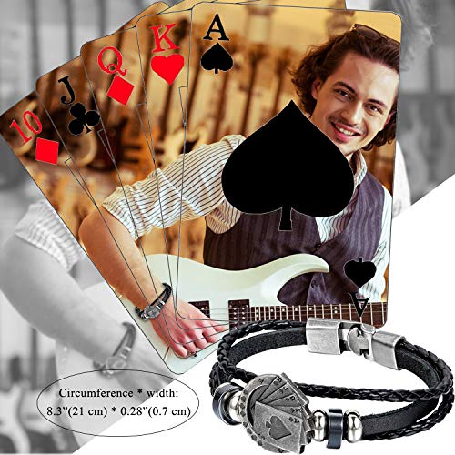 Aroncent Pulsera de Cuero Trenzado Brazalete Decorado de Picas Póker Collar con Colgantes de Baraja de Cartas de Acero Inoxidable Juego de Joyería de Cuerpo para Hombre – 2PCS