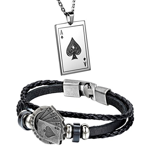 Aroncent Pulsera de Cuero Trenzado Brazalete Decorado de Picas Póker Collar con Colgantes de Baraja de Cartas de Acero Inoxidable Juego de Joyería de Cuerpo para Hombre – 2PCS