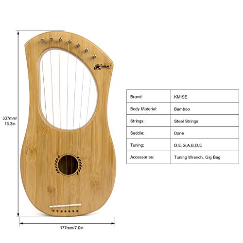 Arpa de lira Kmise, silla de montar de hueso de acero de 7 cuerdas Kasra Arpa de lejía con llave de afinación y funda negra (bambú)