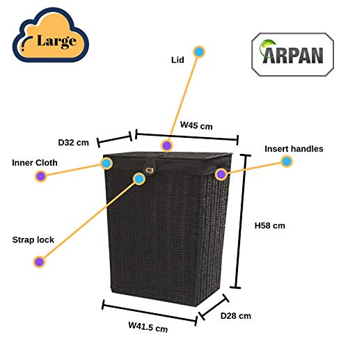 ARPAN - Tapa de resina para ropa de lavandería, cesta de almacenamiento con forro extraíble (negro), 45 x 32 x 58 cm (ancho x profundidad x alto).