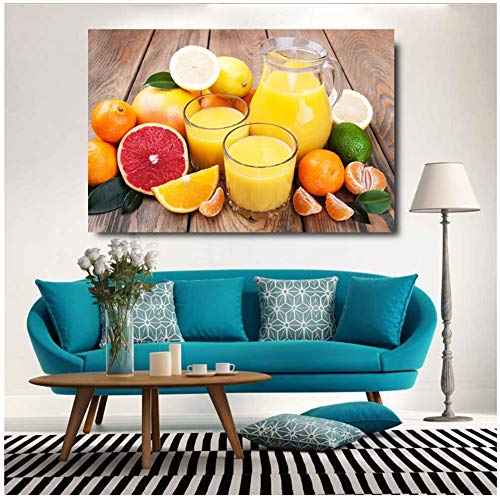 Arte moderno para pared de zumo de naranja y fruta, para decoración de la cocina, arte de pared, lienzo de alta definición, 60 x 90 cm, sin marco