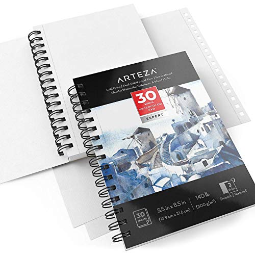 ARTEZA Blocs de acuarela para expertos | 13,9 x 21,6 cm | 30 hojas | Paquete de 3 | Papel prensado en frío de 300 gsm sin ácido | Encuadernación espiral | Ideales para medios secos, húmedos y mixtos