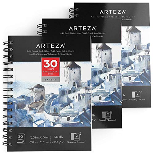 ARTEZA Blocs de acuarela para expertos | 13,9 x 21,6 cm | 30 hojas | Paquete de 3 | Papel prensado en frío de 300 gsm sin ácido | Encuadernación espiral | Ideales para medios secos, húmedos y mixtos