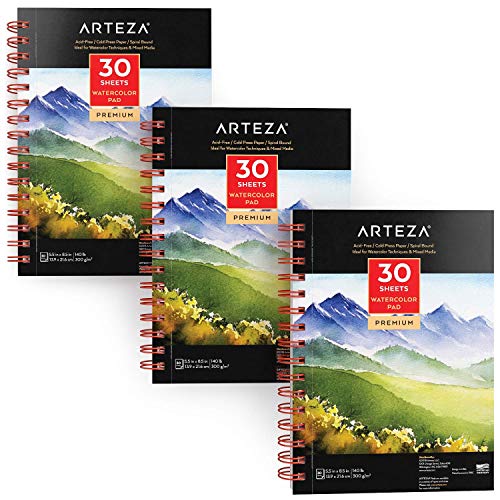 Arteza Cuadernos de acuarela | 13,9x21,6 cm | Pack de 3 blocs de 30 hojas | Papel de acuarela Arteza | Grosor 300 gsm| Color blanco, sin ácido, ideal para acuarelas, medios secos y técnicas mixtas