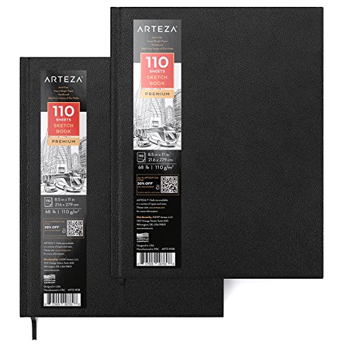 Arteza Cuadernos de dibujo de tapa dura | Pack de 2 | 110 hojas por cuaderno | Tamaño 21,6 x 27, 9 cm | Papel grueso de 110 gsm