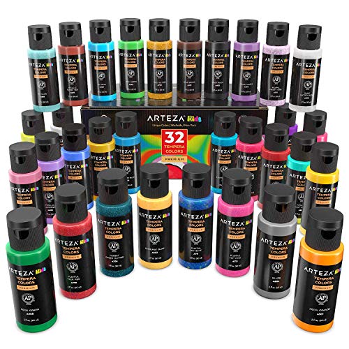 ARTEZA KIDS Pinturas témperas para niños | Caja de 32 botes de 60 ml | Pintura lavable para carteles y manualidades | Para pintar con esponja o con los dedos | Incluye neón, purpurina y fosforescente