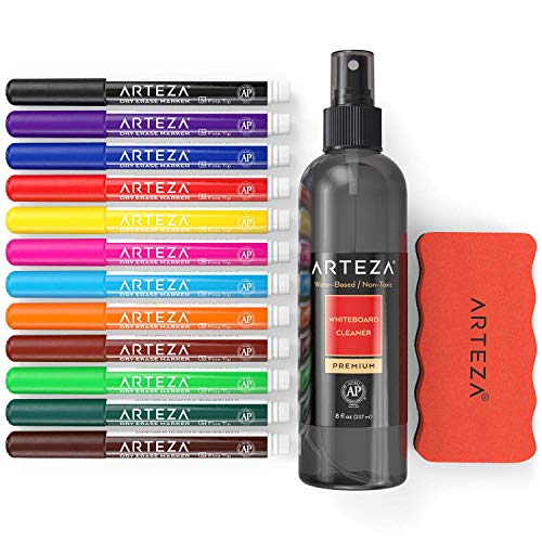 Arteza Kit borrador de pizarra blanca con 12 rotuladores borrables de punta fina, un borrador magnético y un spray con 237 ml de limpiador para pizarras blancas, tablillas y superficies de vidrio