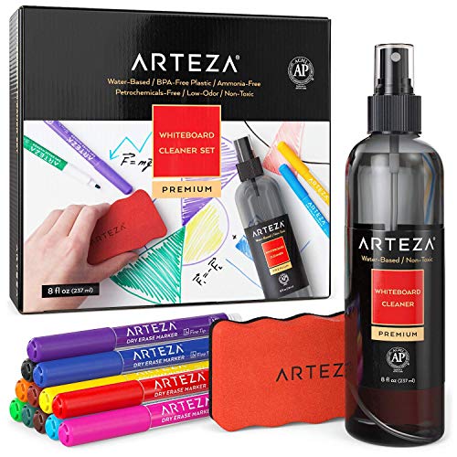 Arteza Kit borrador de pizarra blanca con 12 rotuladores borrables de punta fina, un borrador magnético y un spray con 237 ml de limpiador para pizarras blancas, tablillas y superficies de vidrio