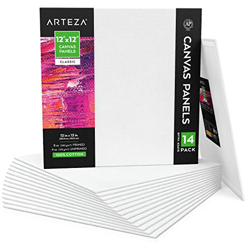 Arteza Paneles de lienzo para pintar cuadros 12x12" (30,4 x 30,4 cm), pack 14 paneles imprimados sin ácidos, 100% algodón, para acrílica y al óleo, artistas profesionales, aficionados y principiantes