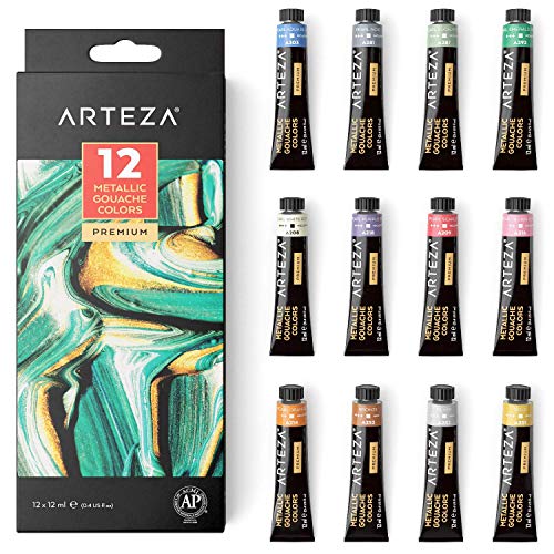 Arteza Pinturas gouache metalizadas | Tubos de 12 ml | Set de 12 | para pintar sobre lienzo, papel de acuarela o de bocetos | Gouache para mezclar con acuarelas y medios mixtos