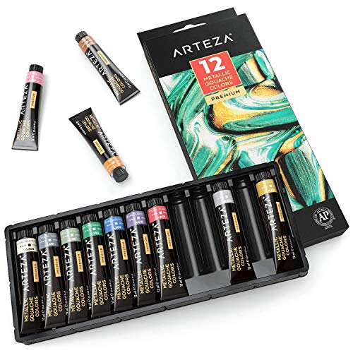 Arteza Pinturas gouache metalizadas | Tubos de 12 ml | Set de 12 | para pintar sobre lienzo, papel de acuarela o de bocetos | Gouache para mezclar con acuarelas y medios mixtos