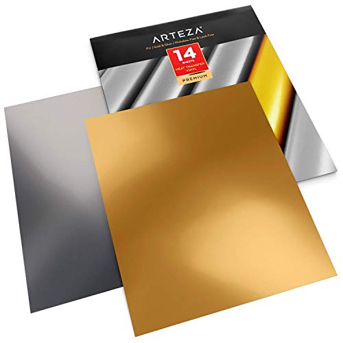 Arteza Vinilo textil termoadhesivo oro y plata | 25,4 x 30,5 cm | 14 hojas flexibles (7 oro + 7 plata)| Vinilo térmico resistente, fácil de pelar y sin tóxicos | Apto para cualquier máquina de corte