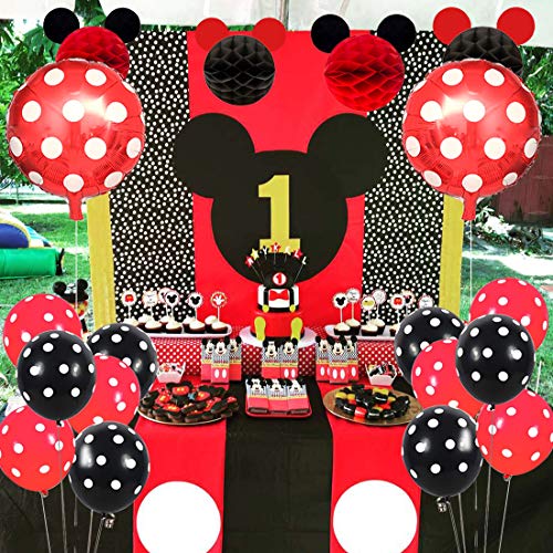 Artículos decorativos para fiestas del Minnie Mouse rojo negro, bolas Mickey Honeycomb, pancarta de feliz cumpleaños, diadema, adornos para pasteles para el cumpleaños de niñas
