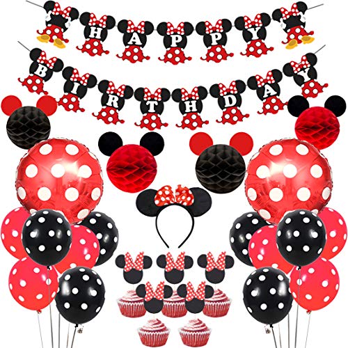 Artículos decorativos para fiestas del Minnie Mouse rojo negro, bolas Mickey Honeycomb, pancarta de feliz cumpleaños, diadema, adornos para pasteles para el cumpleaños de niñas