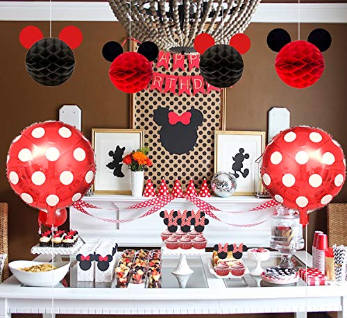 Artículos decorativos para fiestas del Minnie Mouse rojo negro, bolas Mickey Honeycomb, pancarta de feliz cumpleaños, diadema, adornos para pasteles para el cumpleaños de niñas